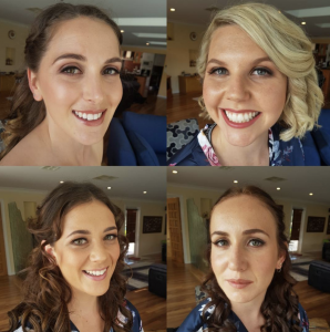 Four images of women smiling at the camera wearing soft glam wedding makeup.
