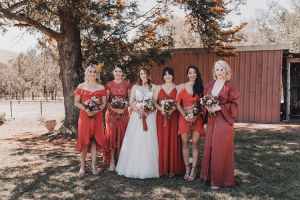 A bride and four bridesmaids in red dresses standing outside on a country estate.