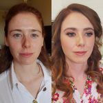 Before and after image of beautiful bride Fiona. She has clean skin in the first image and soft glam makeup in the second.